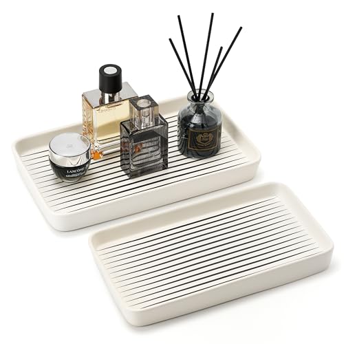 Bathroom Vanity Tray for Countertop,2PC Rectangle Striped Tray,Decorative Bathroom Organizer for Scrubber, Lotion Bottles, Perfume, Jewelry, Candle, Key Trinket Ring(Large,White) - color: White Color With Black Stripes-2 Pcs Large