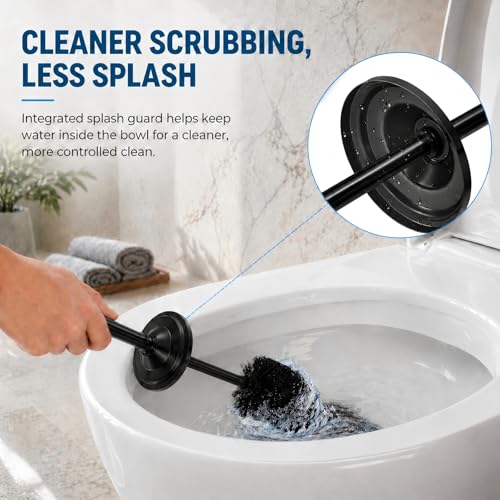Black Toilet Brush and Holder Set，Extra Long Handled Toilet Bowl Brush and Holder，Stainless Steel Heavy Duty Toilet Brush for Bathroom,Deep Cleaning Modern Toilet Cleaner Slip Base - color: Black