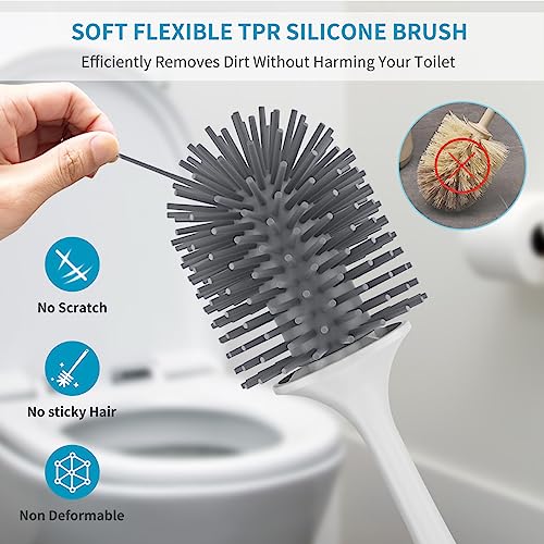 Silicone Toilet Brush Set, 2 Pack Toilet Bowl Brush and Holder with Tweezers Long Handle, Toilet Cleaner Brush for Bathroom Deep Cleaning, Elegant Toilet Scrubber Bathroom Decor Accessories