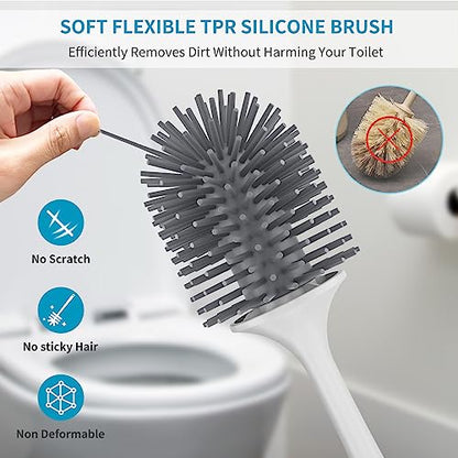 Silicone Toilet Brush Set, 2 Pack Toilet Bowl Brush and Holder with Tweezers Long Handle, Toilet Cleaner Brush for Bathroom Deep Cleaning, Elegant Toilet Scrubber Bathroom Decor Accessories