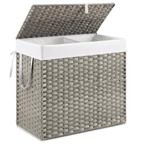 DUMOS Wicker Laundry Basket with Lid, 110L Woven Laundry Hamper with Handles, Foldable Rattan Clothes Hamper with Removable Liner & Sturdy Steel Frame, Dove Gray - color: Dove Gray, size: 110L