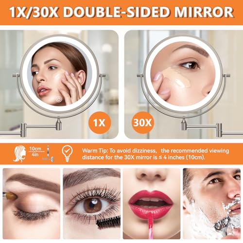 Auxmir 1X/30X Wall Mounted Makeup Mirror, 8" Rechargeable Magnifying Mirror | double-sided button, 3200mAh, 3 dimmable colors, 360° rotation, extended arm, 30X magnification, bathroom, nickel - color: 8'' 30x-nickel