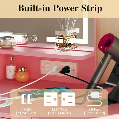 ALEXNUTRE Vanity Desk with Mirror and Lights, Small Vanity with Fabric Storage Drawer & Chair & Shelves, Makeup Vanity with Fold-up Panel and Power Outlet for Bedroom - style: Pink