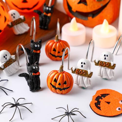 Colingmill 12 Pcs Halloween Cat Ghost Pumpkin Shower Curtain Hooks Xmas Shower Curtain Hooks Halloween Bathroom Decor Rings for Bathroom Bedroom - style: Cat Ghost Pumpkin