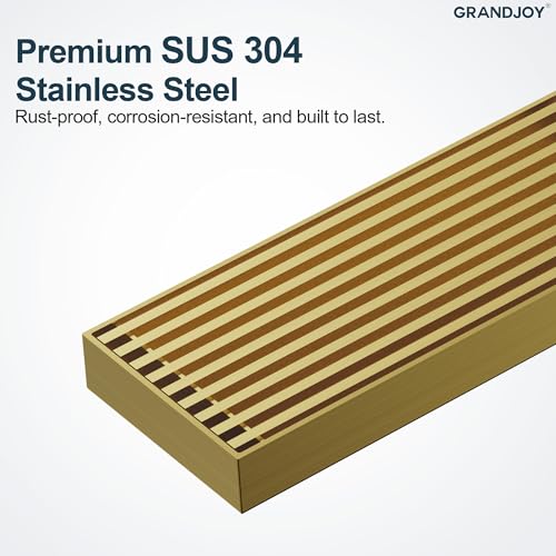 24 Inch Linear Shower Drain, Brushed Gold Rectangular Floor Drain with Removable Grate, SUS304 Stainless Steel, High Flow Capacity and cUPC Certified - color: Brushed Gold, size: 24