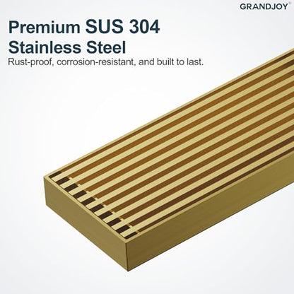 24 Inch Linear Shower Drain, Brushed Gold Rectangular Floor Drain with Removable Grate, SUS304 Stainless Steel, High Flow Capacity and cUPC Certified - color: Brushed Gold, size: 24