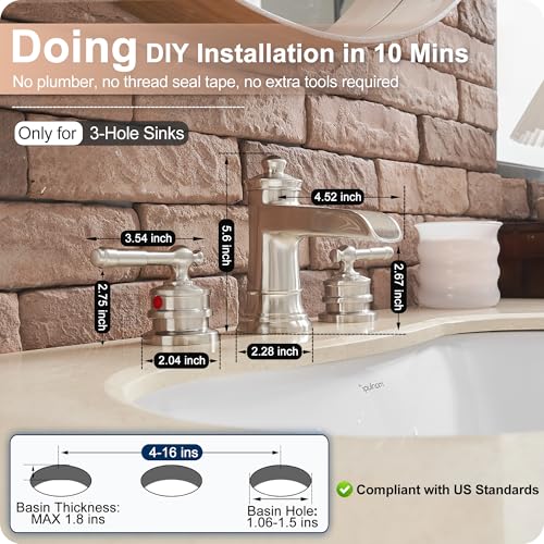 4-16 Inch Widespread Bathroom Faucet Brushed Nickel, Brass Waterfall Faucet for Bathroom Sink, 2 Handles with cUPC Water Hoses & Pop-Up Drain, 10 Mins Easy Installation, Saving Water, Modern - color: Brushed Nickel - Modern