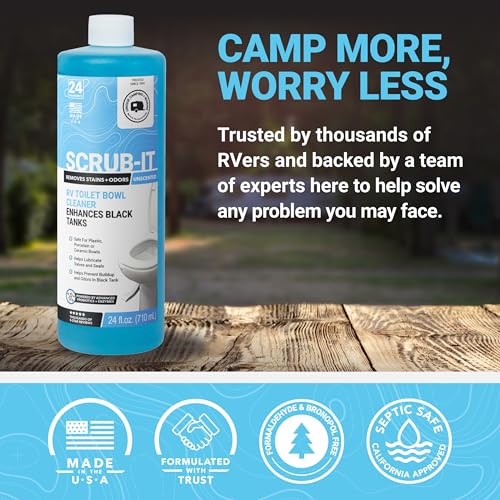 Unique Scrub-It Liquid RV Toilet Bowl Cleaner, Helps Lubricate Seals, 24 oz | Targeted squirt-top bottle for RV toilet bowls, cleans stains, odors, & debris; non-caustic formula; unscented - size: 24 Fl Oz (Pack of 1)