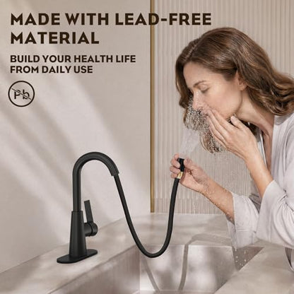 High Arc Bathroom Sink Faucet with Pull Down Sprayer, Tall Matte Black Single Handle Pull Out Faucet with Pop-Up Drain, 1 or 3 Hole Laundry Bar Basin Faucet with Deck Plate WE10CL-ZY-MB - color: Matte Black