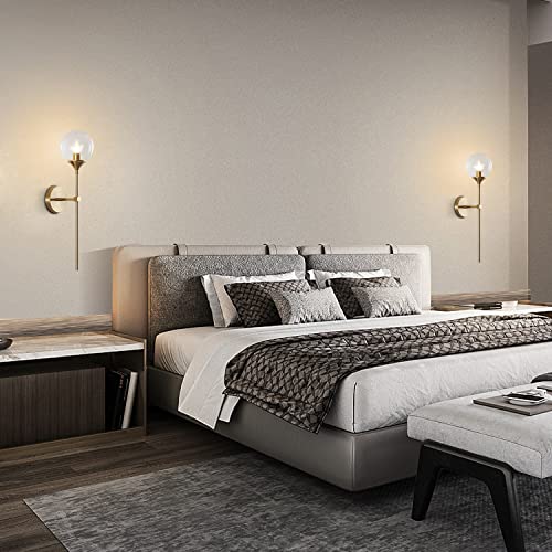 KCO 2 Pack Mid Century Modern Brass Gold Clear Glass Globe Wall Sconce | Reversible Up/ Down Mount, Long Rod Wall Lamp, Hardwired E26 Vanity Wall Light Fixture for Bedroom Bathroom Hallway Stairwell - color: Clear