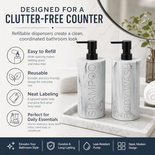 Marble Resin 2 Piece Shampoo and Body Wash Dispenser Set, Luxurious Refillable Pump Bottles with Matte Pump Top and Embossed Text, Durable Design for Bathroom and Shower - color: 2pack Marble Shampoo and Body Wash Set