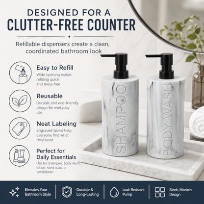 Marble Resin 2 Piece Shampoo and Body Wash Dispenser Set, Luxurious Refillable Pump Bottles with Matte Pump Top and Embossed Text, Durable Design for Bathroom and Shower - color: 2pack Marble Shampoo and Body Wash Set