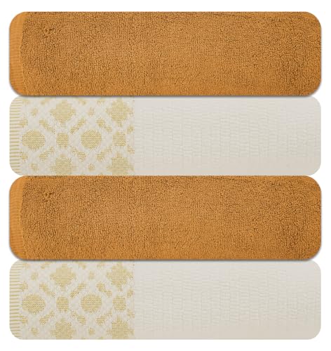 ELITE 4 Pack Luxury Jacquard Bath Towel Set – 100% Cotton, 600 GSM Ultra Soft & Absorbent Towels – Elegant Floral Pattern – 4 Large Bath Towels 27"x54" for Bathroom, Gift Spa & Hotel (Antique Gold) - color: Antique Gold