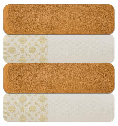 ELITE 4 Pack Luxury Jacquard Bath Towel Set – 100% Cotton, 600 GSM Ultra Soft & Absorbent Towels – Elegant Floral Pattern – 4 Large Bath Towels 27"x54" for Bathroom, Gift Spa & Hotel (Antique Gold) - color: Antique Gold