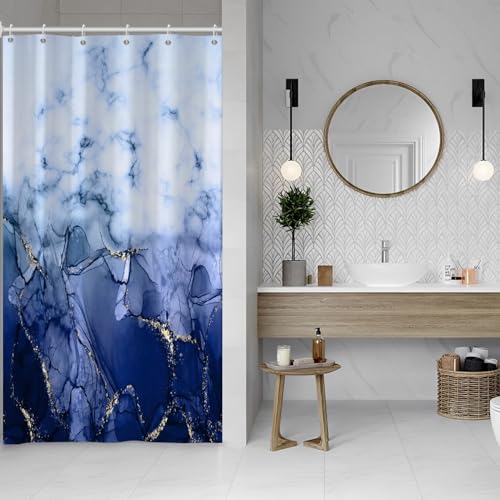 Navy Blue Marble Stall Waterproof Shower Curtain 36x72 inches | RV Small Shower Curtain Set for Bathroom, Abstract Modern, Machine Washable, Easy to Install with Hooks, Ombre White Blue - color: Navy Blue, size: 36"W x 72"L (Pack of 1)