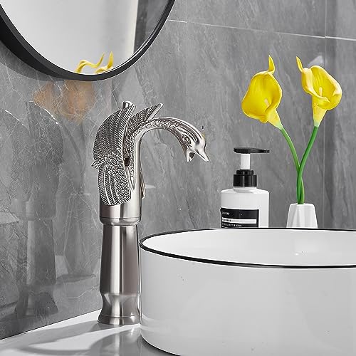 Brushed Nickel Swan Shape Single Handle 1Hole Bathroom Vessel Sink Faucet Deck Mount Lavatory Sink Faucet - color: Brushed Nickel, size: Tall