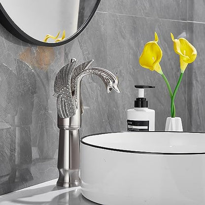 Brushed Nickel Swan Shape Single Handle 1Hole Bathroom Vessel Sink Faucet Deck Mount Lavatory Sink Faucet - color: Brushed Nickel, size: Tall