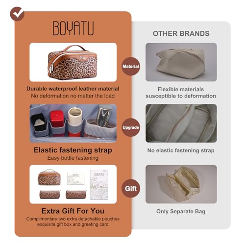 BOYATU Travel Makeup Bag for Women: 3 Pcs Set Portable Make up Bags with Handle - Leopard Print Cosmetic Bags with Comparments - Waterproof Vegan Leather Toiletry Bag (A-1-Brown) - color: 02-A-Brown