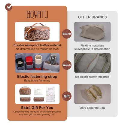 BOYATU Travel Makeup Bag for Women: 3 Pcs Set Portable Make up Bags with Handle - Leopard Print Cosmetic Bags with Comparments - Waterproof Vegan Leather Toiletry Bag (A-1-Brown) - color: 02-A-Brown