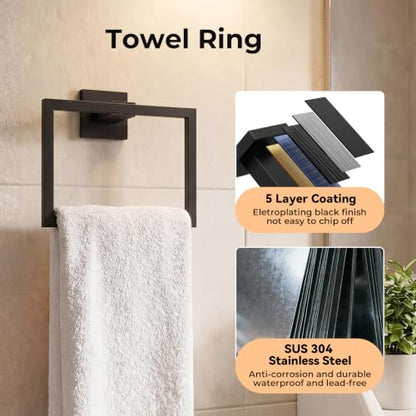 5-Piece Bathroom Hardware Set, 23.6 Inch Towel Bar Set SUS304 Stainless Steel Towel Racks for Bathroom Round Towel Bar, Towel Ring, Toilet Paper Holder, 2 Robe Hooks, Wall Mounted (Black) - color: Matte Black, size: 5 pack