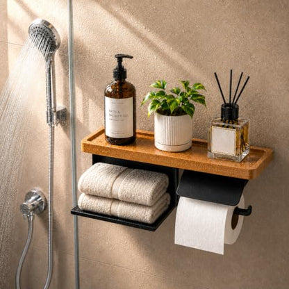 Toilet Paper Holder with Wide Solid Wood Shelf, Wall Mounted Matte Black | 16" X 5.3" Double Roll Holder Fits Phone & Large Wipes Storage | Rust-Resistant for Rustic Farmhouse Bathrooms Organizer