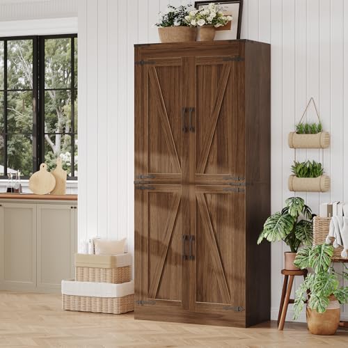 GarveeHome 71 in Tall Farmhouse Kitchen Pantry Storage Cabinet with 4 Barn Doors and Adjustable Shelves, Freestanding Rustic Wood Cupboard Storage Cabinets for Kitchen, Dining Room, Bathroom, Brown