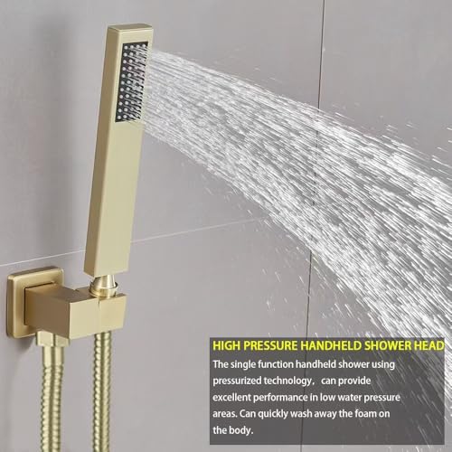 Brushed Gold Shower System Bathroom 16 Inch Rain Shower Head Ceiling Mount with Handheld Luxury High Pressure Shower Combo Set Shower Faucet Rough-in Valve Body and Trim Kit - color: Brushed Gold, size: 16 Inch