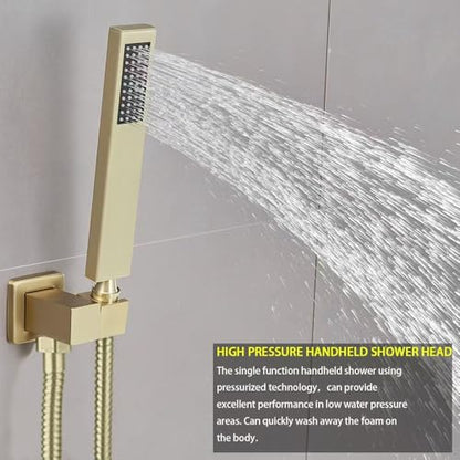 Brushed Gold Shower System Bathroom 16 Inch Rain Shower Head Ceiling Mount with Handheld Luxury High Pressure Shower Combo Set Shower Faucet Rough-in Valve Body and Trim Kit - color: Brushed Gold, size: 16 Inch