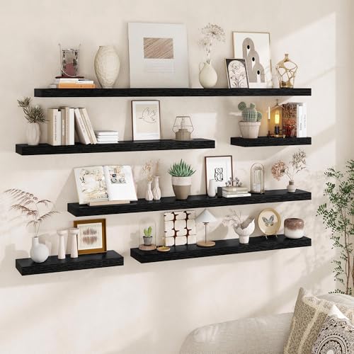 Fun Memories 60 Inch Fireplace Mantel - Long Floating Shelf, Wall Mounted Farmhouse Display with Invisible Heavy Duty Metal Bracket, Balck, 2 Pack - color: Black, size: 60"W x 6.5"D