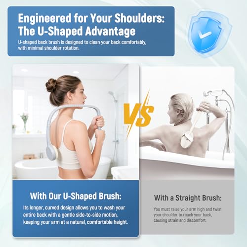 31" Back Bath Brush for Shower with U-Shaped Long Handle, Curved Handled Back Sponge Washer, Back Scrubber for Shower for Men, Women, Elderly, Frozen Shoulder, Adaptive Equipment for Shower - size: soft brush *2