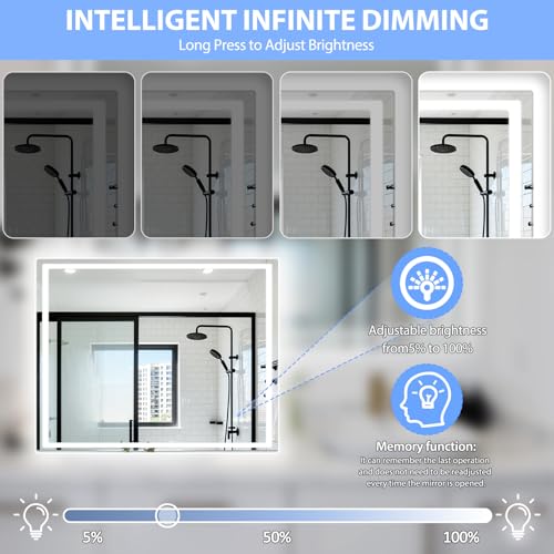 40" x 32" LED Bathroom Mirror with Anti-Fog & Touch Switch - Wall-Mounted Makeup Vanity Mirror, No Drilling Required, Smart Display (Square) - size: 39.4"L x 31.5"W