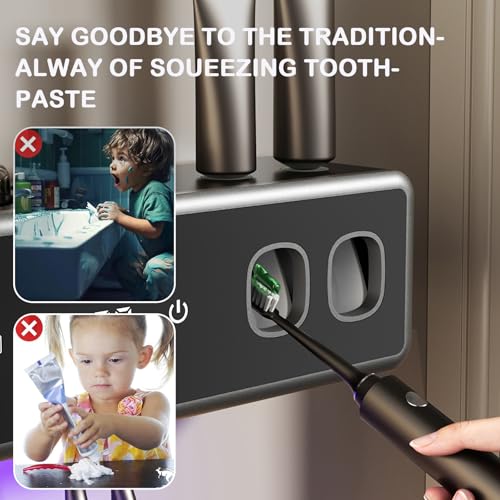 Electric Toothbrush Holder Wall Mount, Bathroom Toothbrush Organizer,Black | POPZJXDM Toothbrush Holder - 6 Brush/3 Cup,Automatic Toothpaste Dispenser & Hot Dry,Smart Cleaning,Bathroom Storage Upgrade - color: Black