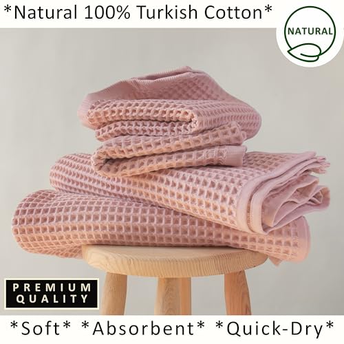 PÜSKÜL Natural 100% Turkish Cotton Waffle Towels Set of 4-Piece Pink Powder | 2-Bath sheet (Extra-large 32x63") and 2-Hand towel (Large 32x16"). Premium honeycomb-waffle weave, oeko-tex made in Turkiye. - color: Pink