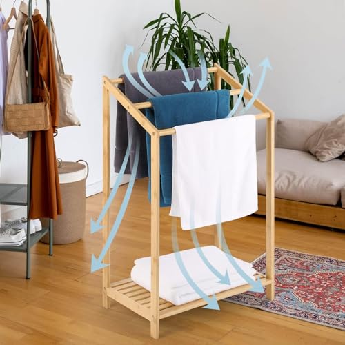 Bamboo Towel Rack Stand, Hand Towels Stand Holder, Freestanding Blanket Rack with Bottom Storage Shelf for Bathroom, Bedroom, Laundry Room