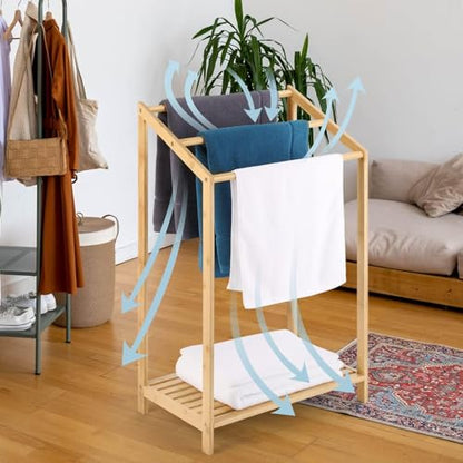 Bamboo Towel Rack Stand, Hand Towels Stand Holder, Freestanding Blanket Rack with Bottom Storage Shelf for Bathroom, Bedroom, Laundry Room