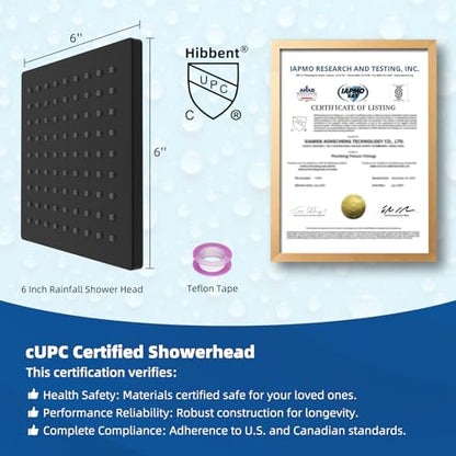 Hibbent cUPC Certified Thickness Metal 6'' Rain Shower Head, Matte Black | High Pressure Shower Head, Bathroom Waterfall Shower Heads, High Flow Fixed Showerheads with Adjustable Brass Ball Joint - color: Matte Black, style: Square 6''