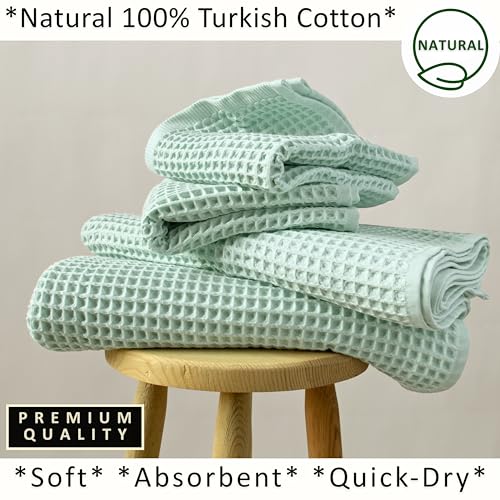 PÜSKÜL Natural 100% Turkish Cotton Waffle Towels Set of 4-Piece, Ice Green | 2-Bath sheet (Extra-large 32x63") and 2-Hand towel (Large 32x16"). Premium honeycomb-waffle weave, oeko-tex made in Turkiye. - color: Ice Green