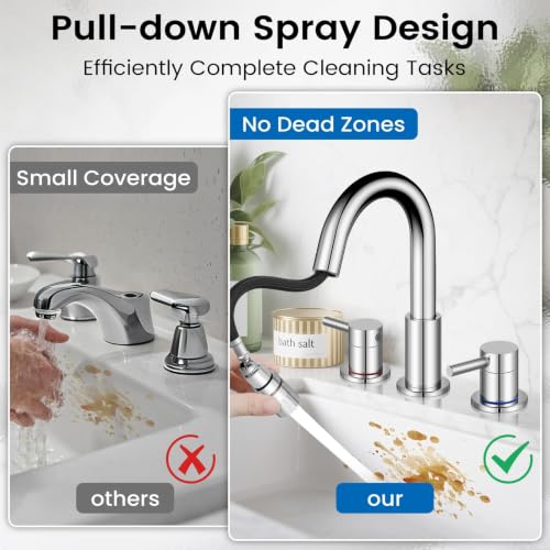 Pull-Down Bathroom Faucet 3 Hole 8 Inch with Pop-Up Drain,Chrome | 360° Swivel Spoutr & Dual Modes,8" Widespread 2-Handle, Pop-Up Drain & 10-Min Install for 3-Hole Bathroom Sink Faucets. - color: Chrome