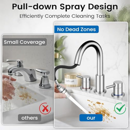 Pull-Down Bathroom Faucet 3 Hole 8 Inch with Pop-Up Drain,Chrome | 360° Swivel Spoutr & Dual Modes,8" Widespread 2-Handle, Pop-Up Drain & 10-Min Install for 3-Hole Bathroom Sink Faucets. - color: Chrome