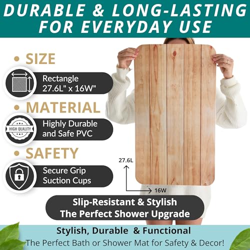 ENKOSI Bath Mat for Tub and Shower Floors - Non Slip Shower Mat – Anti Slip Bathtub Mat with Strong Suction Cup Grip – Soft, Wood Design Bathroom Mat for Inside Bath and Showers (28x16 Wood Teak) - color: Wood Teak