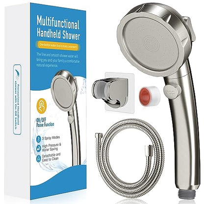 High Pressure Shower Head with Handheld, Brushed Nickel | On Off Shower for RV, Water Saving Shower Head with Stop Button and 3 Modes, Detachable RV Shower Head with Hose and Bracket - color: Brushed Nickel