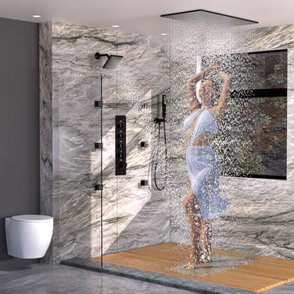 HOMEDEC 15.7x31.5" Ceiling Mounted Rainfall and 6" Wall Mounted Shower Heads with 6 Body Jets, Dual Shower Head System Rain Shower Faucet Set, Black - color: Black, style: 4-Way + 1x 6" Top