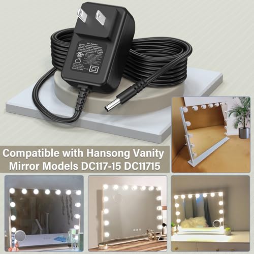 12V 2A Vanity Makeup Mirror Charger Compatible with Hansong Make-up Mirror | Power Cord AC Adapter Fit for Hansong DC117-15 DC11715 Bedroom Light Up Vanity Mirror Charging Plug Cable 12VDC 2000mA DC12V