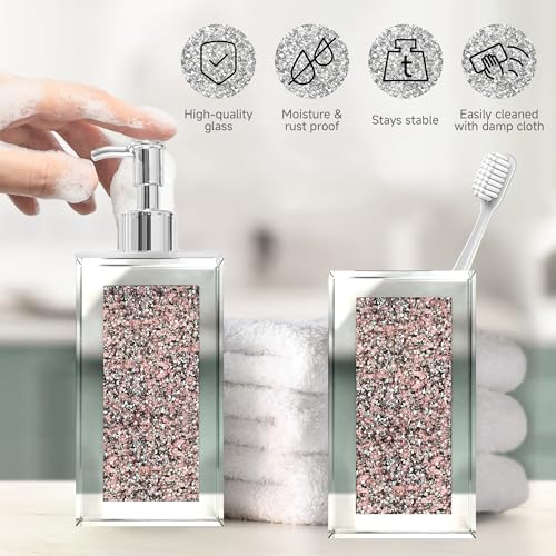 2Pcs Pink Bathroom Set, Mirror Finish & Diamond Accent Soap Holder, Modern | High polish mirror glass, sparkling diamond accents, sleek silhouette, stain proof surface, easy to clean, generous capacity - color: Pink