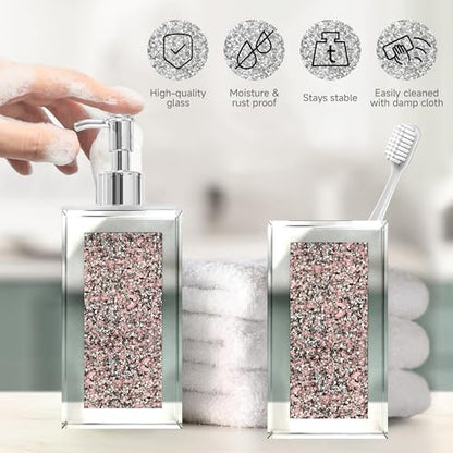 2Pcs Pink Bathroom Set, Mirror Finish & Diamond Accent Soap Holder, Modern | High polish mirror glass, sparkling diamond accents, sleek silhouette, stain proof surface, easy to clean, generous capacity - color: Pink