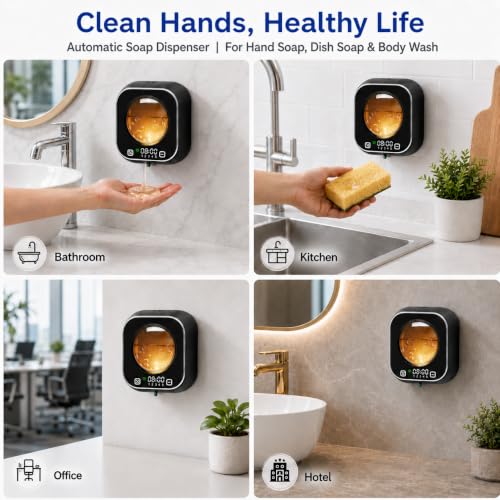 Automatic Soap Dispenser Touchless, Wall Mount, Rechargeable, Mood Lighting | 5 Adjustable Levels, IPX5 Waterproof, LED Clock, 320ML, Hand & Dish Soap for Bathroom Kitchen, Black - color: Black