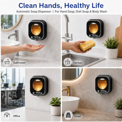 Automatic Soap Dispenser Touchless, Wall Mount, Rechargeable, Mood Lighting | 5 Adjustable Levels, IPX5 Waterproof, LED Clock, 320ML, Hand & Dish Soap for Bathroom Kitchen, Black - color: Black