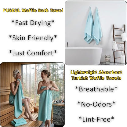 PÜSKÜL 2-Piece Natural 100% Turkish Cotton Waffle Bath Towels Extra-Large | Turquoise, 32x63" Bath Sheet Towel, Light Soft Absorbent Quick-Dry Lint-Free Premium Honeycomb Weave Oeko-Tex Made in Turkiye - color: Turquoise, size: Bath Towels - Pack of 2
