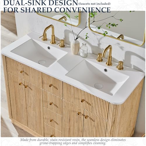 T4TREAM 48" Fluted Bathroom Vanity with Double Sink, Natural Oak | Integrated Resin Sink, 2 Large Storage Cabinets, Adjustable Shelf, 2 Drawers, Three pre-drilled faucet holes, Mid-Century - color: Natural Oak, size: 48" (Bouble Sink)