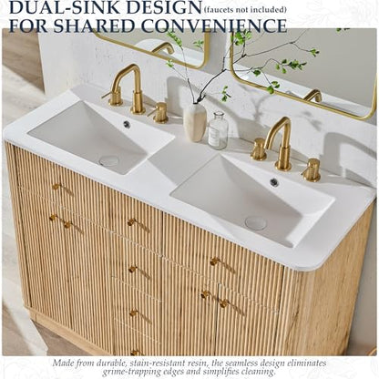 T4TREAM 48" Fluted Bathroom Vanity with Double Sink, Natural Oak | Integrated Resin Sink, 2 Large Storage Cabinets, Adjustable Shelf, 2 Drawers, Three pre-drilled faucet holes, Mid-Century - color: Natural Oak, size: 48" (Bouble Sink)
